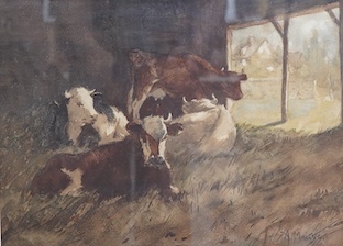 Anton Mauve (Dutch, 1838-1888), Study of resting cattle in a barn, signed, Fine Art Society inscribed label verso, watercolour, 25 x 35cm